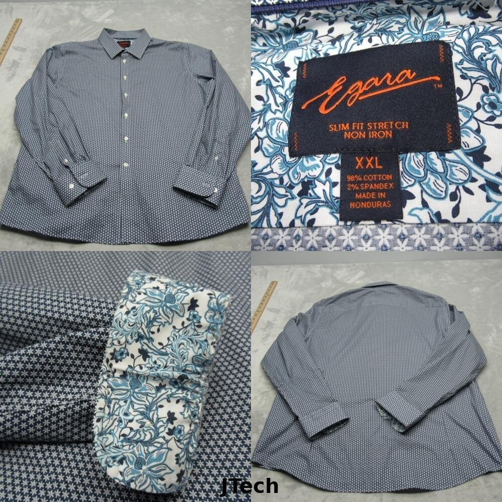 Egara Flip Cuff Shirt Men XXL Blue White Floral Slim Stretch Non Iron Button Up